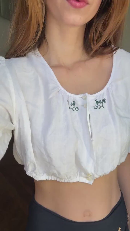 Antique French farm girl cotton top, Green bird embroidered damask handmade shirt, Puff sleeve Vintage white romantic crop top,