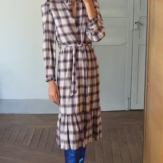 Vintage Spanish designer long dress, Checked plaid prairie style, Soft spring - autumn maxi dress, Luxe preppy branded wear