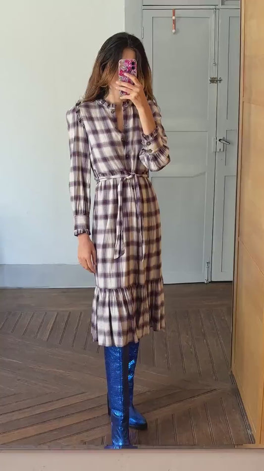 Vintage Spanish designer long dress, Checked plaid prairie style, Soft spring - autumn maxi dress, Luxe preppy branded wear