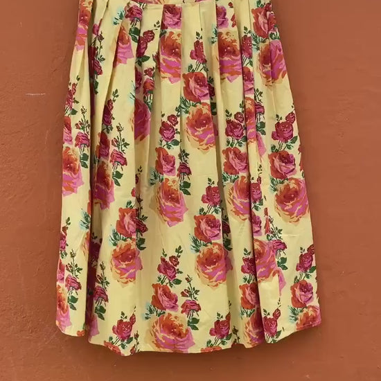 Retro yellow floral midi high waist skirt, Vintage Ungaro Ter Paris pleated wedding guest skirt, Summer picnic designer wear, Made in Italy