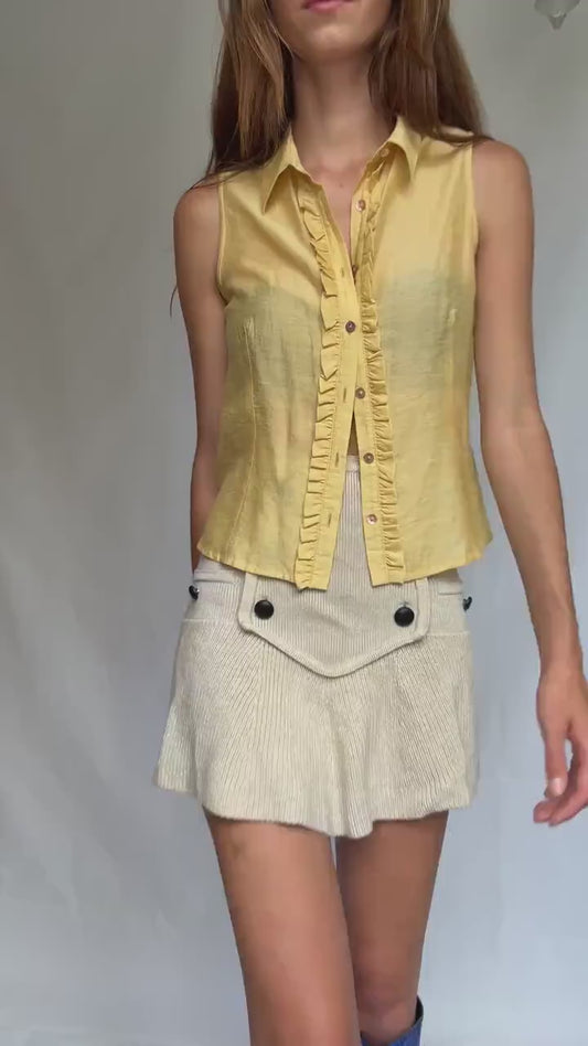 Vintage yellow sleeveless blouse with ruffle trim, Made in Spain, soft viscose silk blend, size 38 button-up summer top