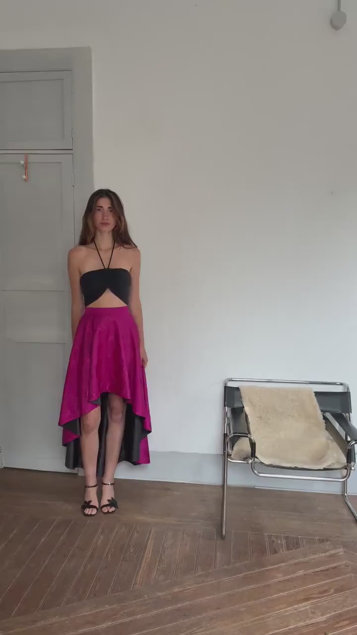 Vintage Pink High-Low Skirt – Handmade Satin Evening Skirt | Dramatic Waist-Defining Party Skirt, Unique statement piece, Emily in Paris