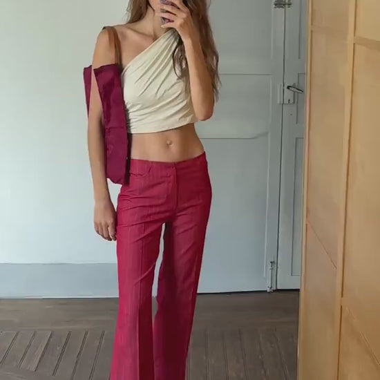 Vintage pinstripe pants, unique statement clothing, retro luxury red trousers, elegant 2000s style high waist flared fit pants, size l