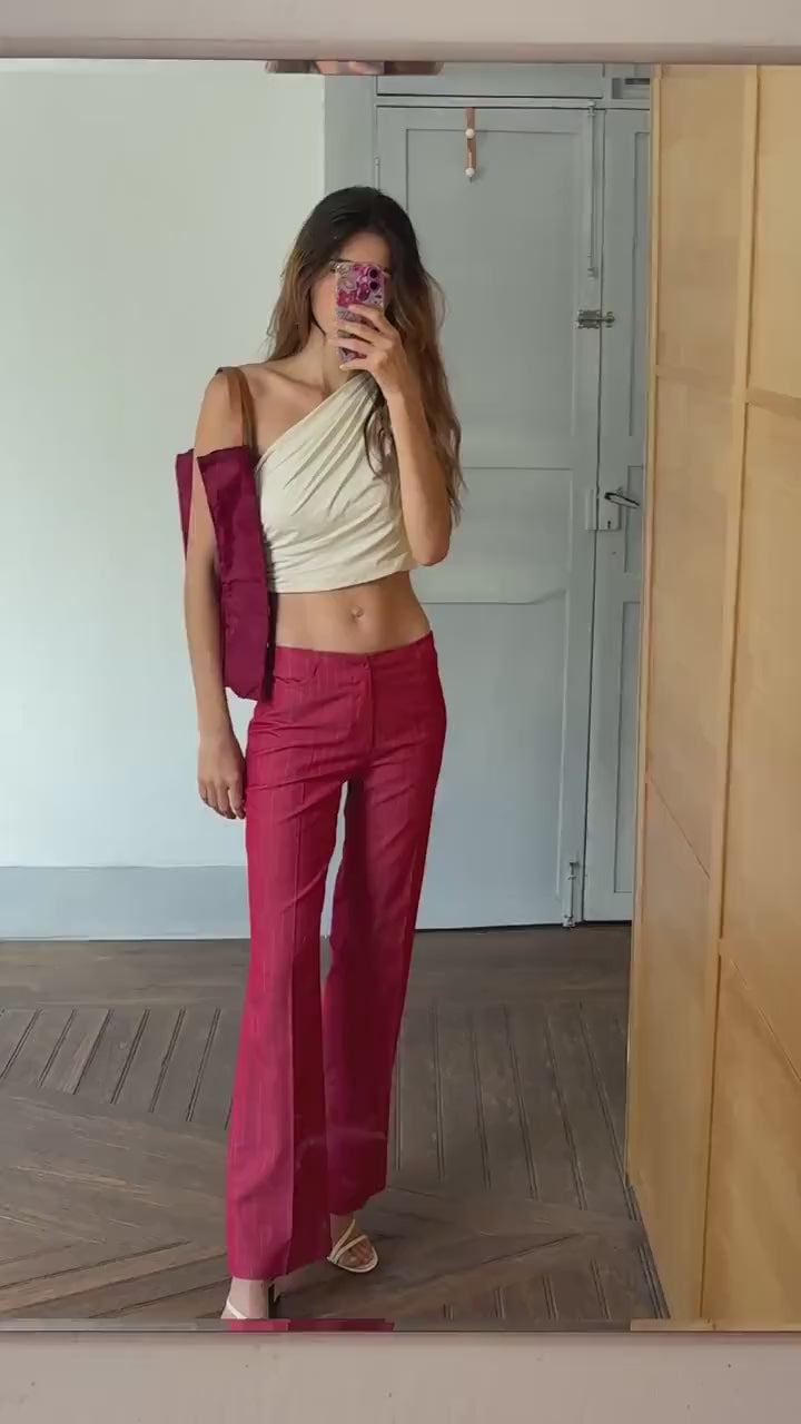 Vintage pinstripe pants, unique statement clothing, retro luxury red trousers, elegant 2000s style high waist flared fit pants, size l