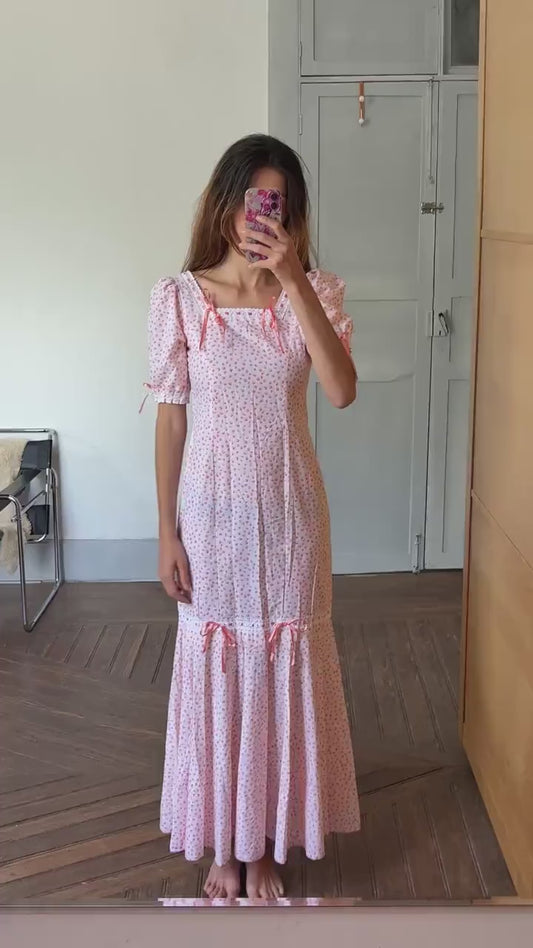 Vintage cottage core dress, romantic nightgown, handmade cotton pink floral lace ribbon trim prairie style nightie, size s