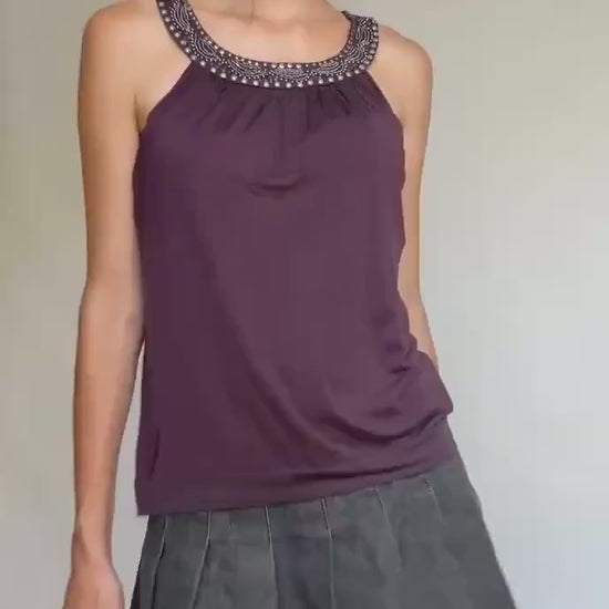 Vintage-style Massimo Dutti sleeveless top with embellished neckline – soft fabric, elegant fit, rich plum tone (Size M)