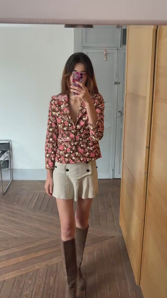 Vintage floral corduroy blazer jacket – Y2K aesthetic, cropped fit, pink brown flower print, cottagecore layering piece, Size
