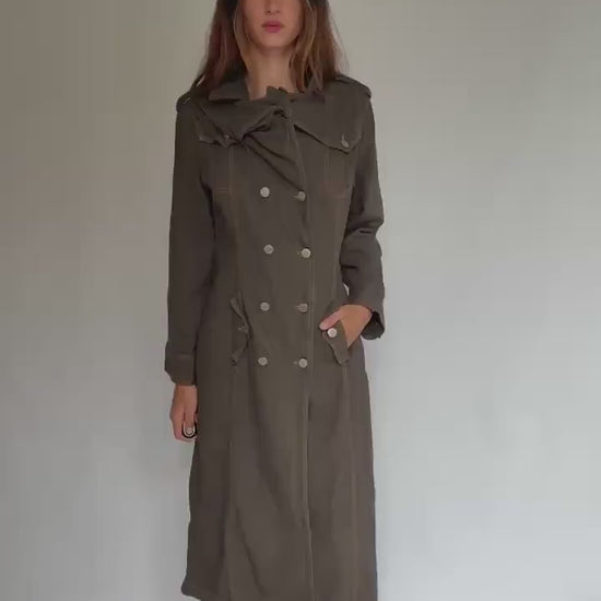 Heavy dark denim trench coat with double breasted front – long sturdy fit, unlined raw inside, fits like US XL letter size, preppy goth edge