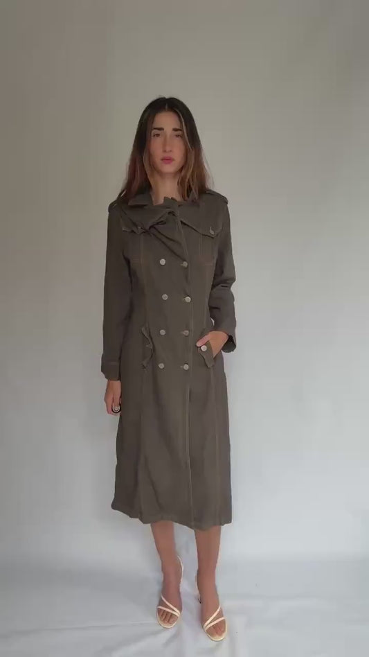 Heavy dark denim trench coat with double breasted front – long sturdy fit, unlined raw inside, fits like US XL letter size, preppy goth edge