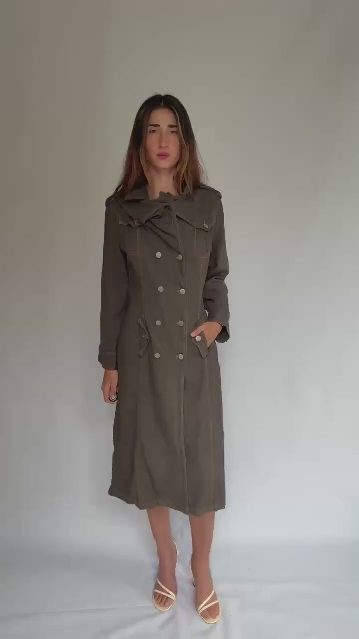 Heavy dark denim trench coat with double breasted front – long sturdy fit, unlined raw inside, fits like US XL letter size, preppy goth edge
