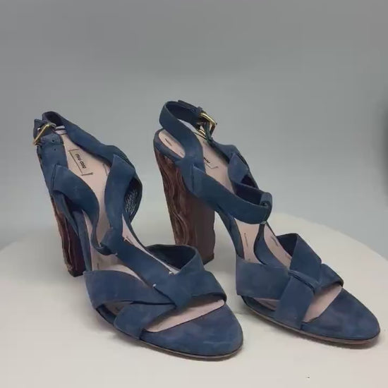 Vintage Miu Miu blue suede high heels, wooden heel, open toe,