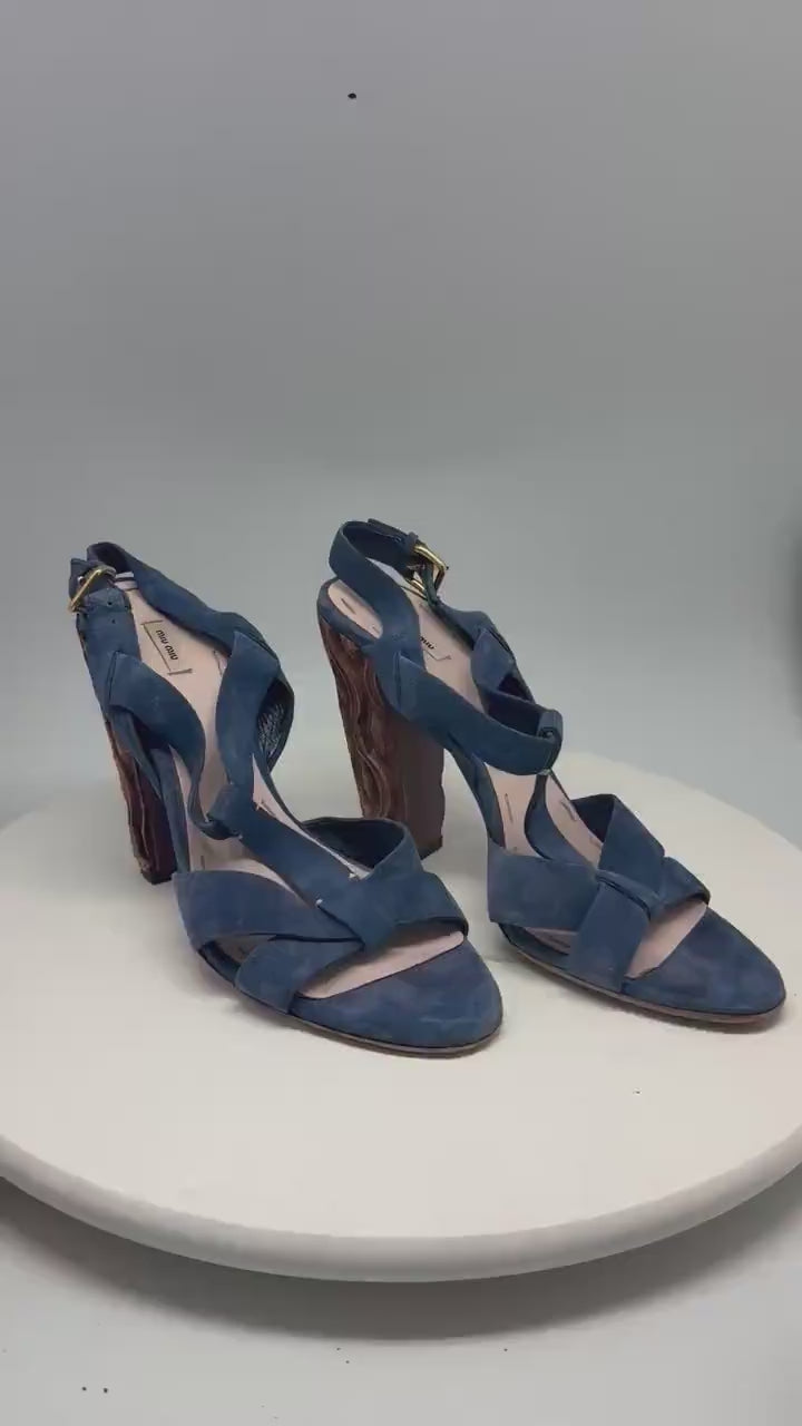 Vintage Miu Miu blue suede high heels, wooden heel, open toe,