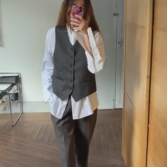 Vintage grey button down gilet, Dark academia style grey classic fit waistcoat, Formal clothing, Cute school girl uniform, K-pop aesthetic