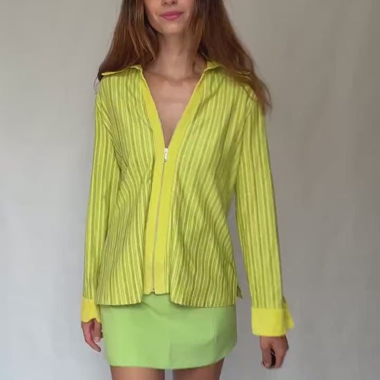 Y2K Lime Zip Shirt | Vintage Green Striped Zip-Up Blouse | 2000s Paris Hilton Meets Indie Sleaze Energy