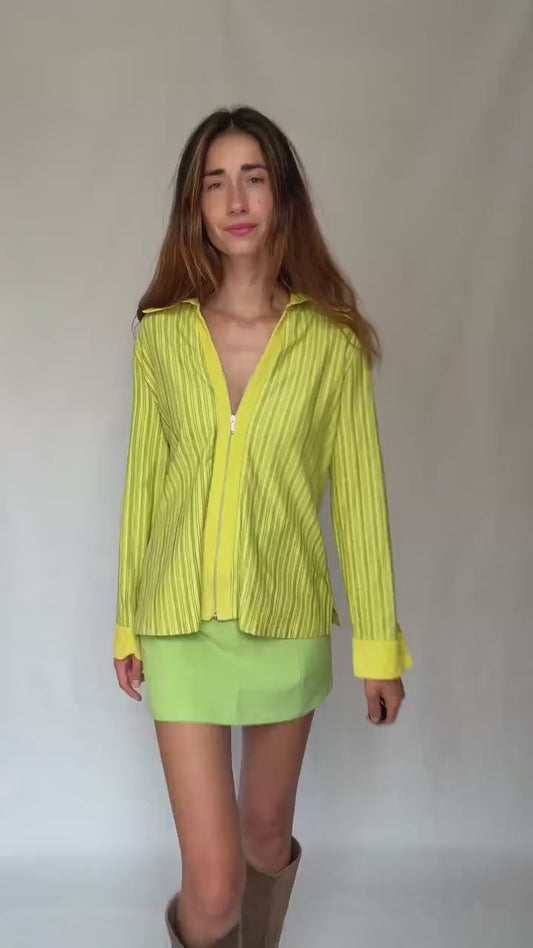 Y2K Lime Zip Shirt | Vintage Green Striped Zip-Up Blouse | 2000s Paris Hilton Meets Indie Sleaze Energy