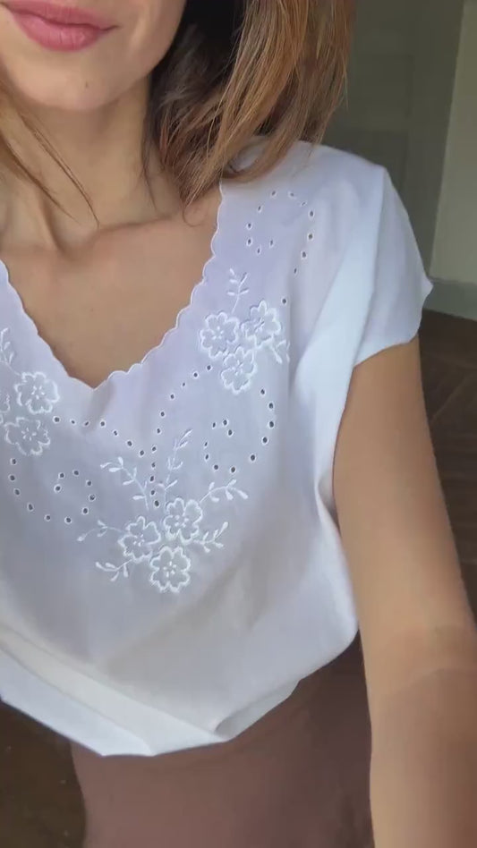 Vintage cottage core French antique camisole,  White embroidered top, Romantic lace blouse, Size M - L