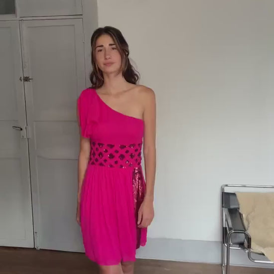 Pink One-Shoulder Sequin Mini Dress – Size 38 | Sparkly Cocktail Party Dress | Y2K Glam Look | Side Zipper Closure