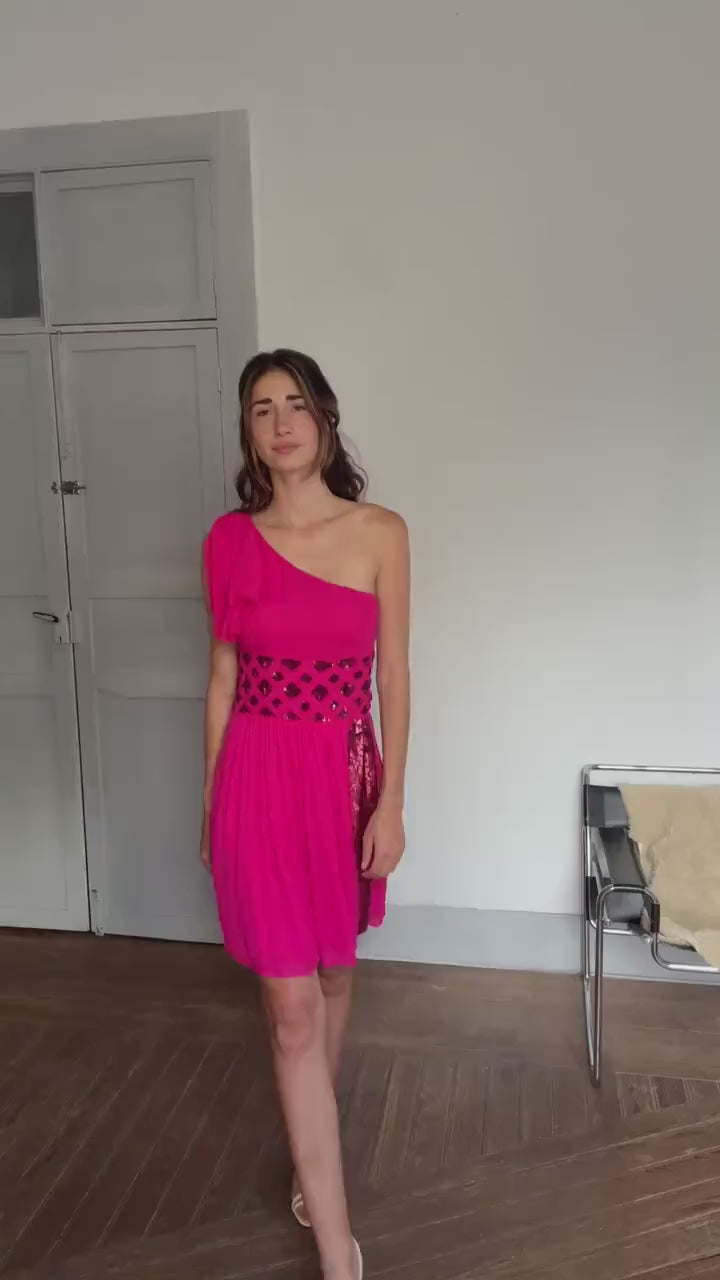 Pink One-Shoulder Sequin Mini Dress – Size 38 | Sparkly Cocktail Party Dress | Y2K Glam Look | Side Zipper Closure