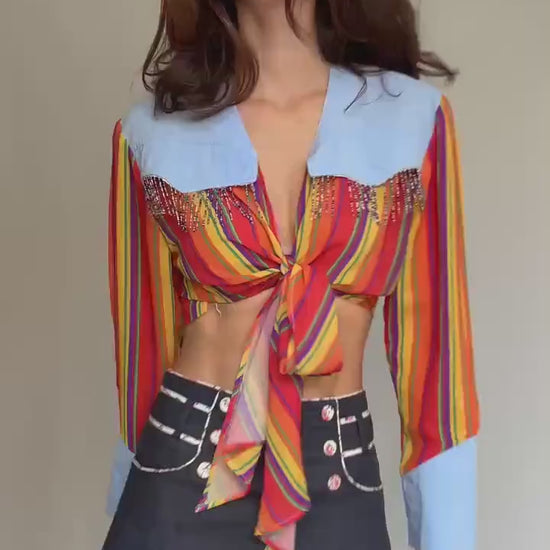 Vintage western bohemian colourful crop top, long sleeve blouse,made in France, M