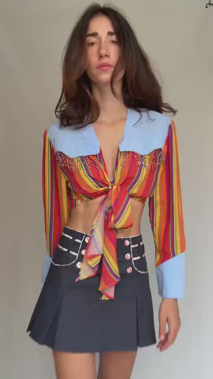 Vintage western bohemian colourful crop top, long sleeve blouse,made in France, M
