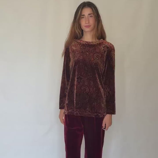 Vintage Rafaella Velvet Two Piece Set | Red Elastic Waist Pants & Patterned Long Sleeve Top | Fits M-L | Soft 90s Retro Loungewear