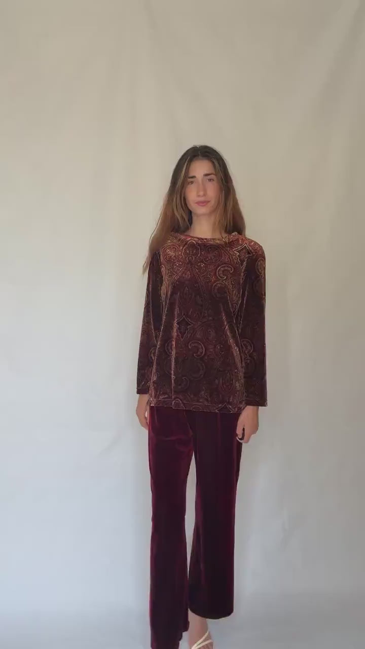 Vintage Rafaella Velvet Two Piece Set | Red Elastic Waist Pants & Patterned Long Sleeve Top | Fits M-L | Soft 90s Retro Loungewear