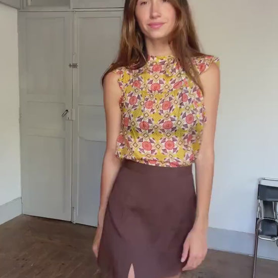 Groovy 70s Silk Top,  Mock Neck Summer Blouse | Retro Print Y2K Vibes | Sienna Miller Style