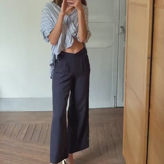 Navy Wide-Leg Pants | Lyocell High Waist Trousers | Soft Flowing Summer Trousers | XS Fit | Unworn with Tags |