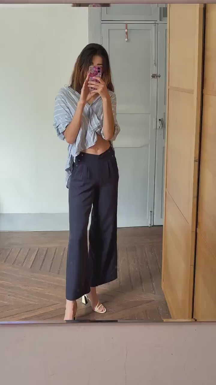 Navy Wide-Leg Pants | Lyocell High Waist Trousers | Soft Flowing Summer Trousers | XS Fit | Unworn with Tags |