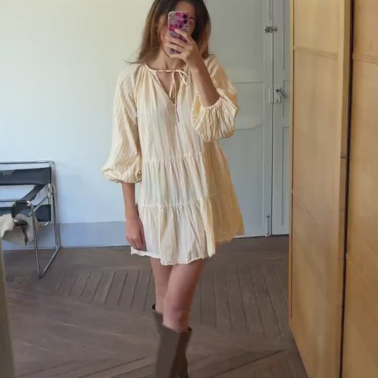 Short yellow and white cute striped mini dress with Puff sleeves, Scandic fashion piece of clothing, Unique short summer dress, Size S