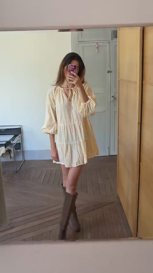 Short yellow and white cute striped mini dress with Puff sleeves, Scandic fashion piece of clothing, Unique short summer dress, Size S