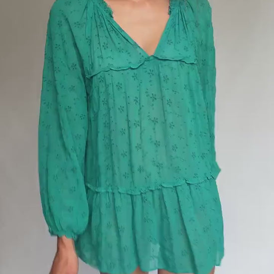 Sheer green mini dress by Southern Cotton – romantic boho summer style, soft flowy fit, perfect for layering or beachwear, size M