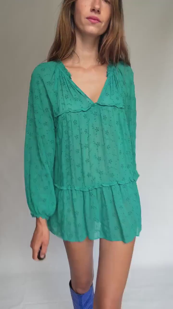 Sheer green mini dress by Southern Cotton – romantic boho summer style, soft flowy fit, perfect for layering or beachwear, size M