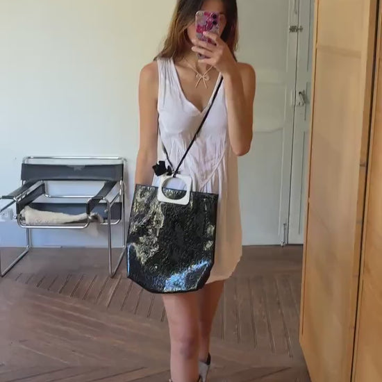 Vintage Lancôme Paris Black Patent Bag – Y2K Glossy Handbag with Cutout Handle – Statement Style – One Size