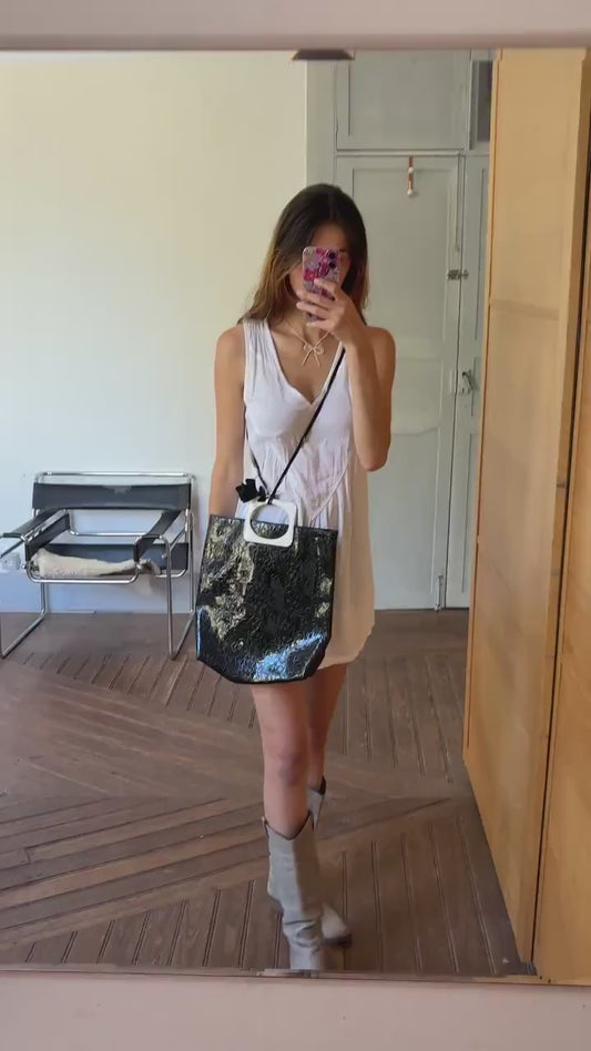 Vintage Lancôme Paris Black Patent Bag – Y2K Glossy Handbag with Cutout Handle – Statement Style – One Size