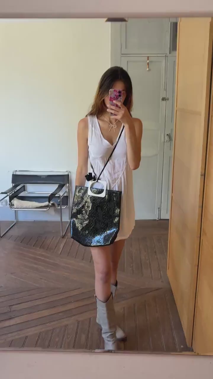 Vintage Lancôme Paris Black Patent Bag – Y2K Glossy Handbag with Cutout Handle – Statement Style – One Size