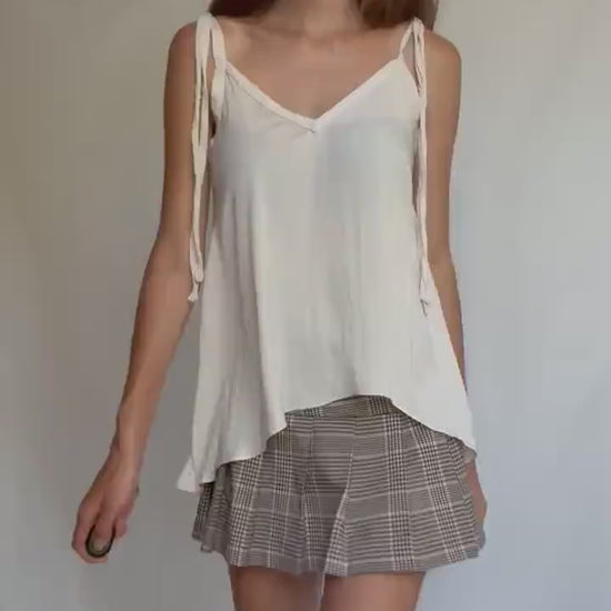 Cream wrap-style tie top in soft viscose feel, handmade adjustable blouse with draped cut, lightweight layering piece