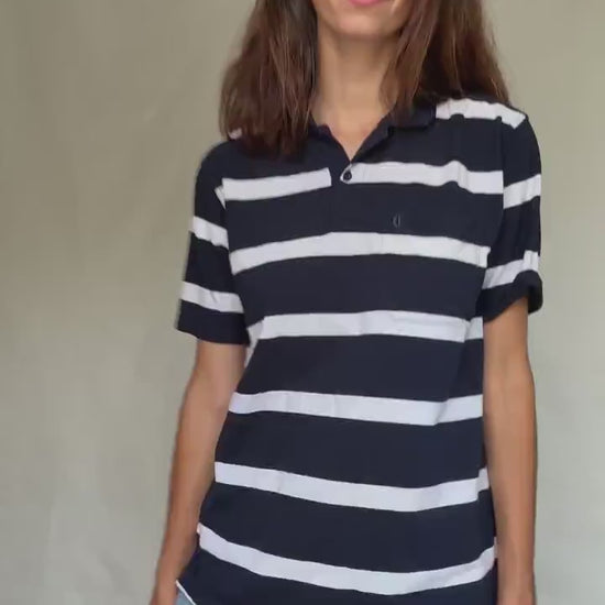 Dark blue and white striped polo shirt, 100% cotton, nautical retro 80s, US L