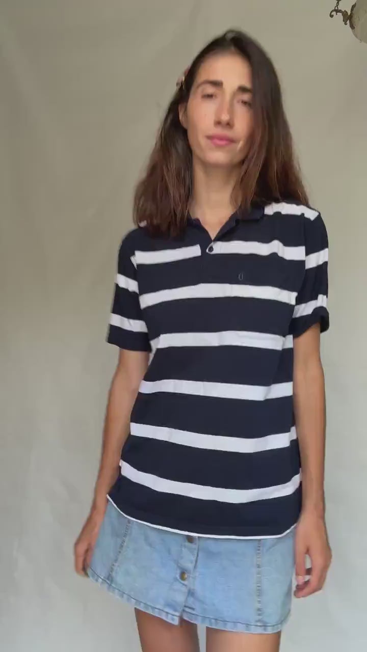 Dark blue and white striped polo shirt, 100% cotton, nautical retro 80s, US L