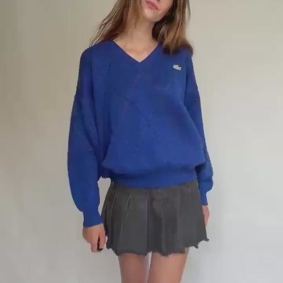 Vintage Lacoste navy V-neck sweater – wool blend pullover with logo – size 6 made in Spain