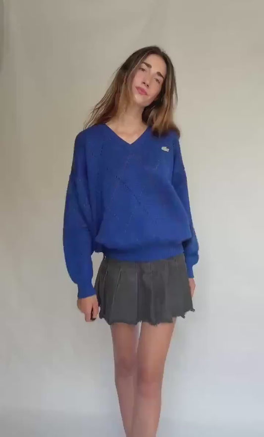 Vintage Lacoste navy V-neck sweater – wool blend pullover with logo – size 6 made in Spain