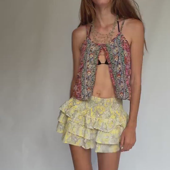 Yellow Ruffle Mini Skort – Y2K Festival Cotton Skirt w/ Shorts, Coquette Summer Fit, Suki Waterhouse Vibes, Thrifted Size S