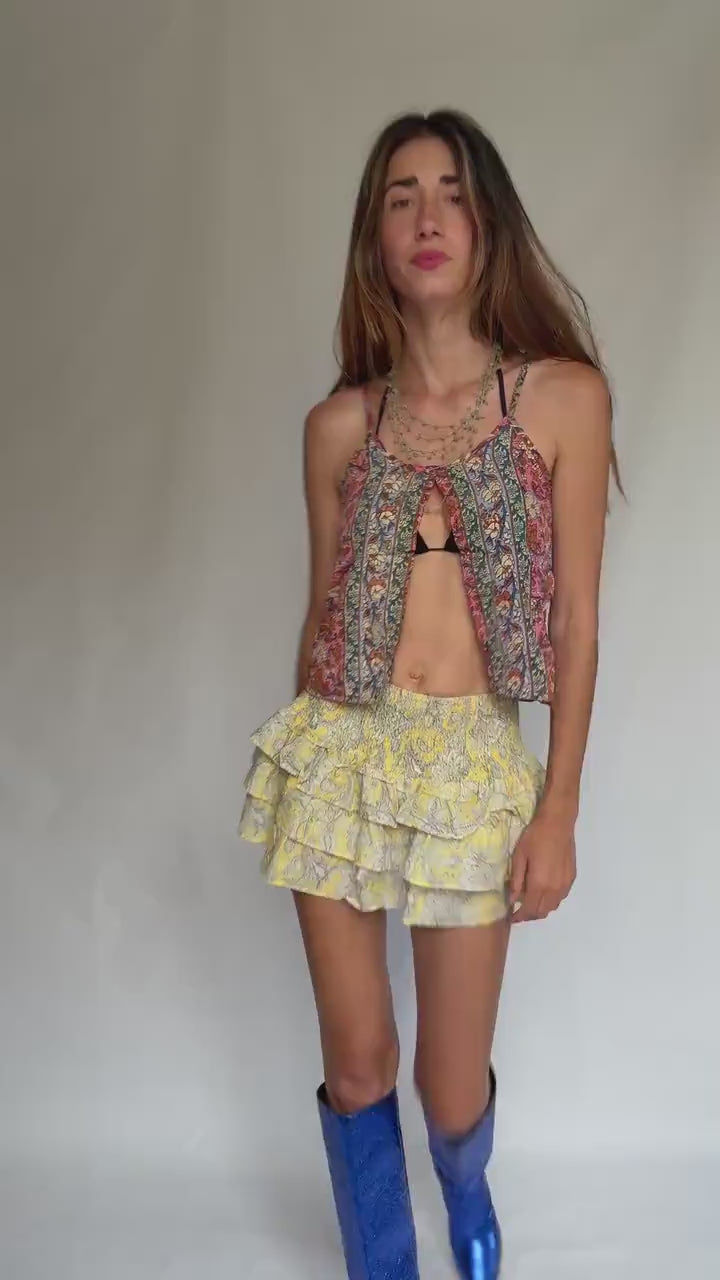Yellow Ruffle Mini Skort – Y2K Festival Cotton Skirt w/ Shorts, Coquette Summer Fit, Suki Waterhouse Vibes, Thrifted Size S
