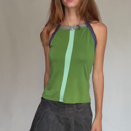 Y2K Adolfo Dominguez Green Racer Cami | Sporty Minimalist Striped Tank | Indie Sleek Fit | Size S