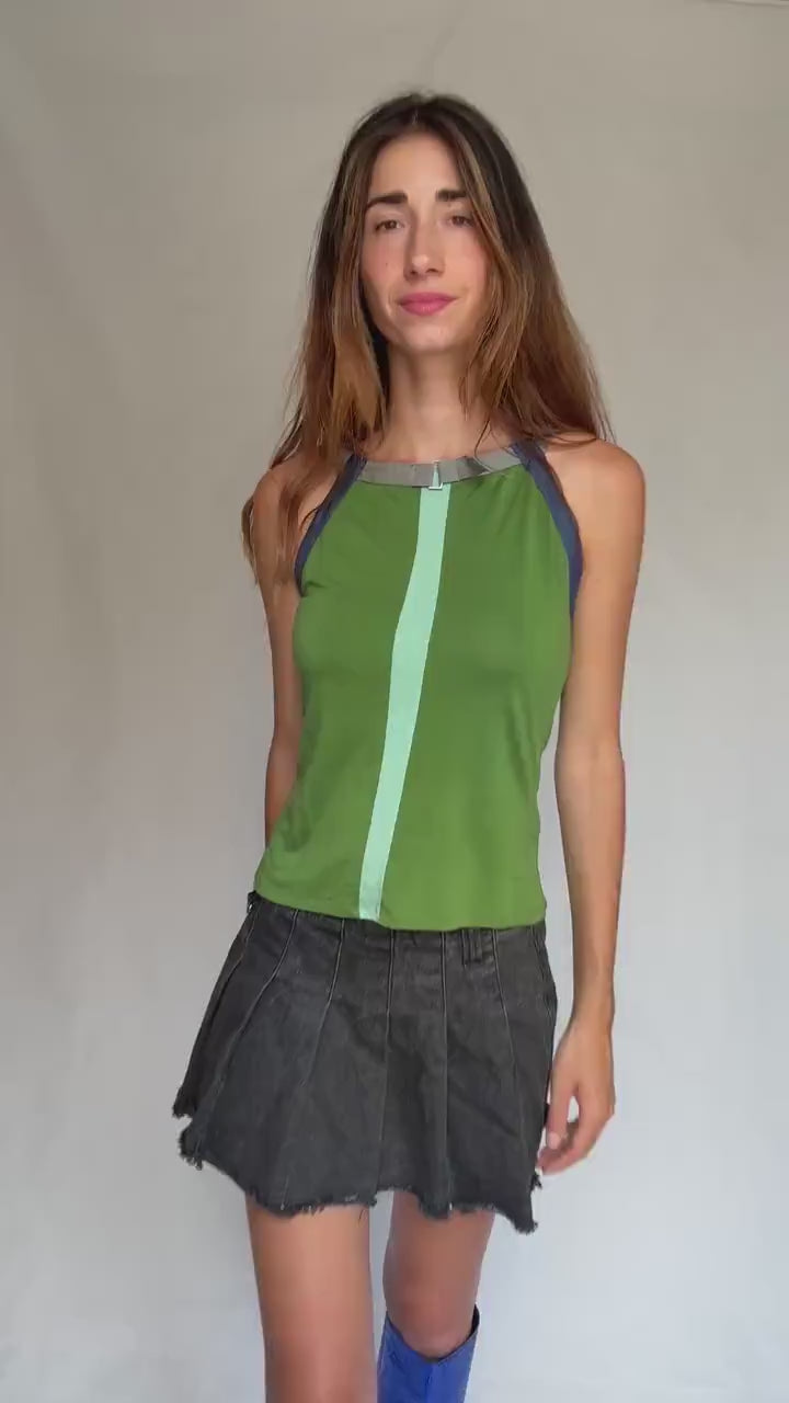 Y2K Adolfo Dominguez Green Racer Cami | Sporty Minimalist Striped Tank | Indie Sleek Fit | Size S