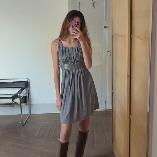 Vintage Maje Paris elegant grey midi dress, Silk and wool blend formal French designer dress, US 4–6