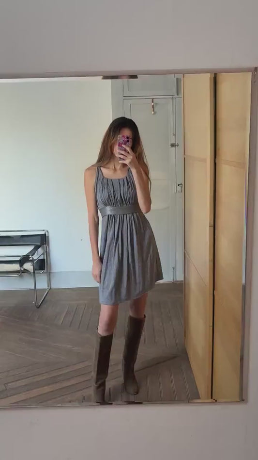 Vintage Maje Paris elegant grey midi dress, Silk and wool blend formal French designer dress, US 4–6