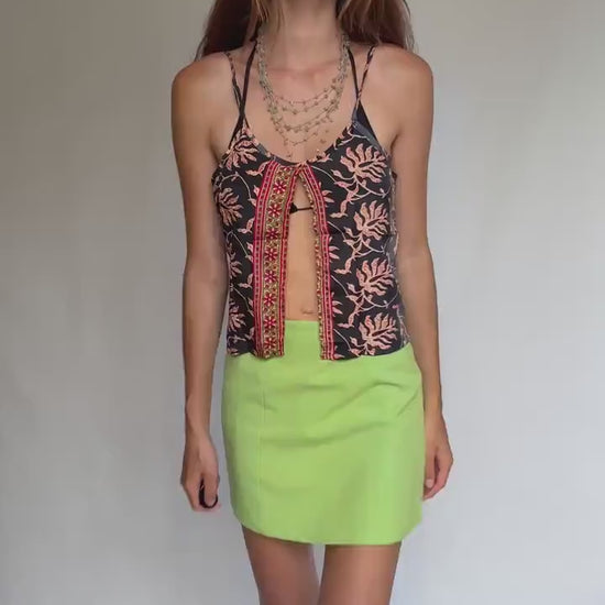 Boho silk camisole top – tropical floral embroidery, open front cut, Coachella-style festival look, 70% silk, fits size S/M, Y2K vibe
