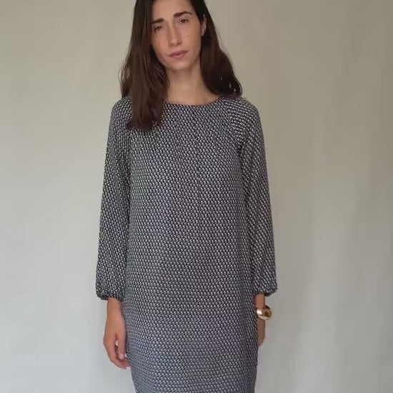 Purificación García geometric print midi dress – navy, cream, gold, size 44, SIZE L - XL