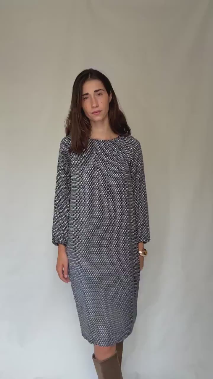 Purificación García geometric print midi dress – navy, cream, gold, size 44, SIZE L - XL